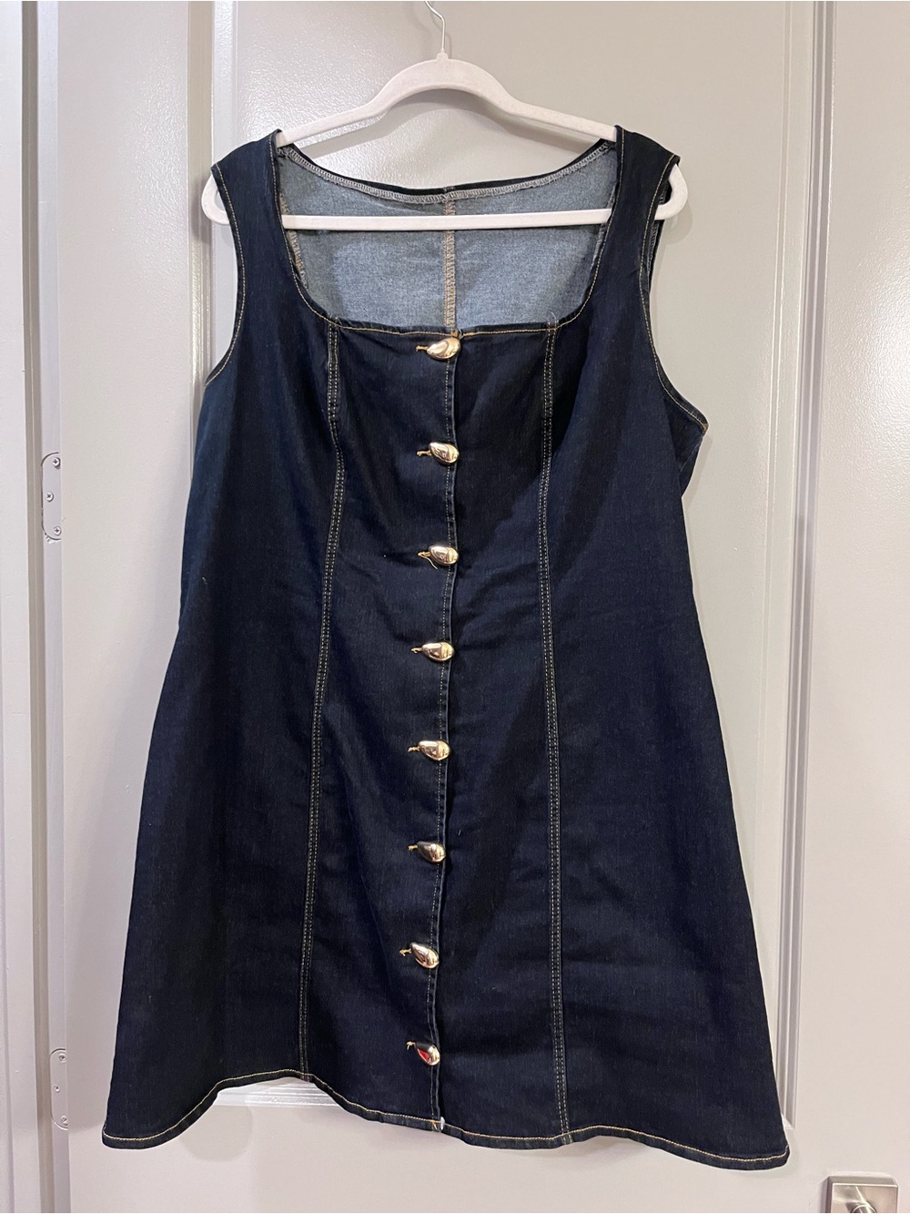SHEIN Dark Blue Denim Button-Front A-Line Dress with Gold Buttons